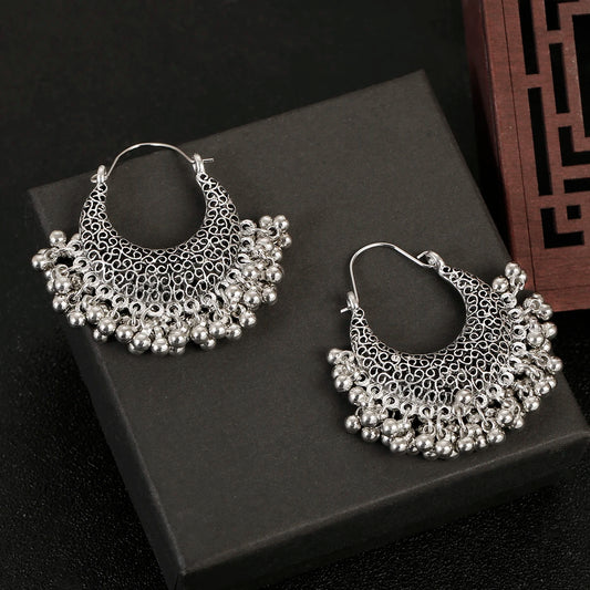 Zenat Retro Boho Silver Tassel Flower Jhumka