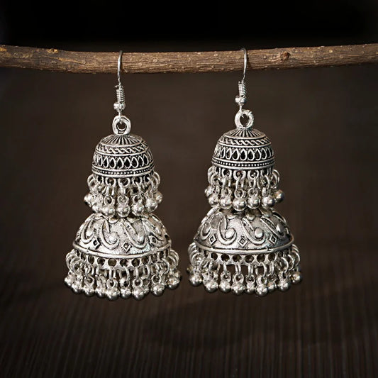Zenat Tibetan Silver Two-Bell Tassel Jhumka