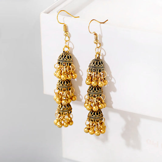Zenat Ethnic Silver Bell Tassel Jhumka Earrings