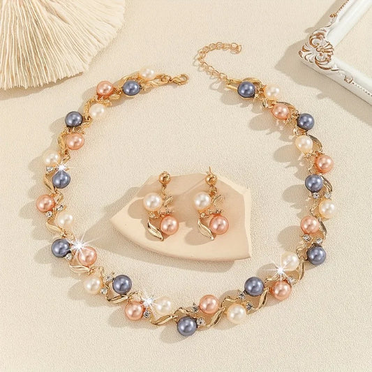 Zenat Luxury Pearl Necklace Leaf Style Set