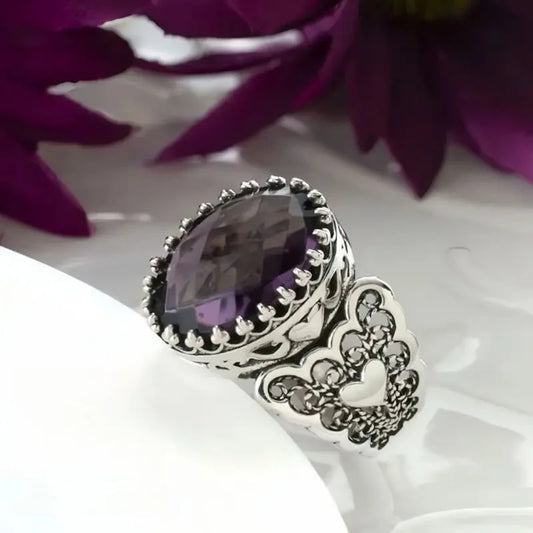 Zenat Trendy Purple Stone Round Flower Ring