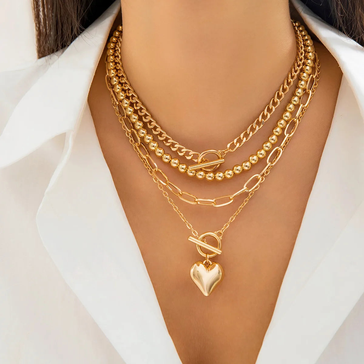 Zenat Link Chain 4Pcs/Set Gold Color Heart Pendant