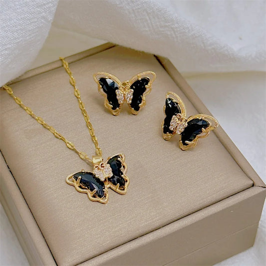Zenat Cute Micro-Inlaid Butterfly Necklace & Earrings Set