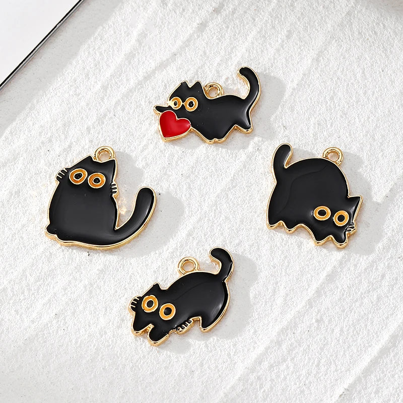 Zenat 10pcs Black Cat Enamel Charm Set