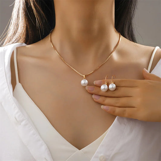 Zenat 3 Pcs Round Pearl Jewelry Set Of Earring Pendant Necklace For Women