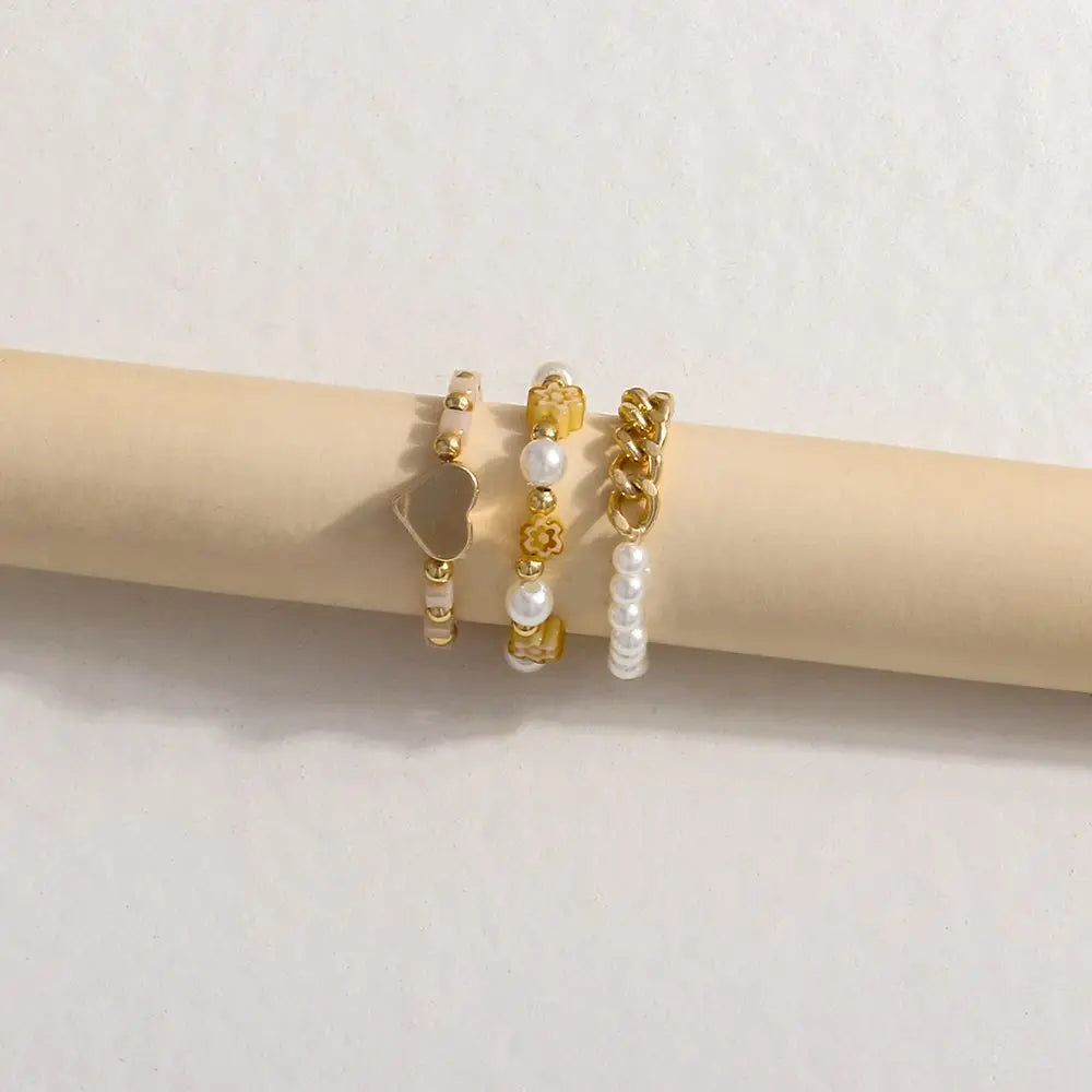 Trendy Cute Bohemia Pearl Flower Acrylic Beaded Rings Party Jewelry Finger Ring Set Women Ring