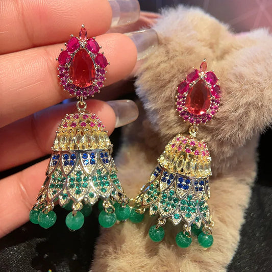 Zenat Colorful CZ Tassel Boho Jhumka Earrings