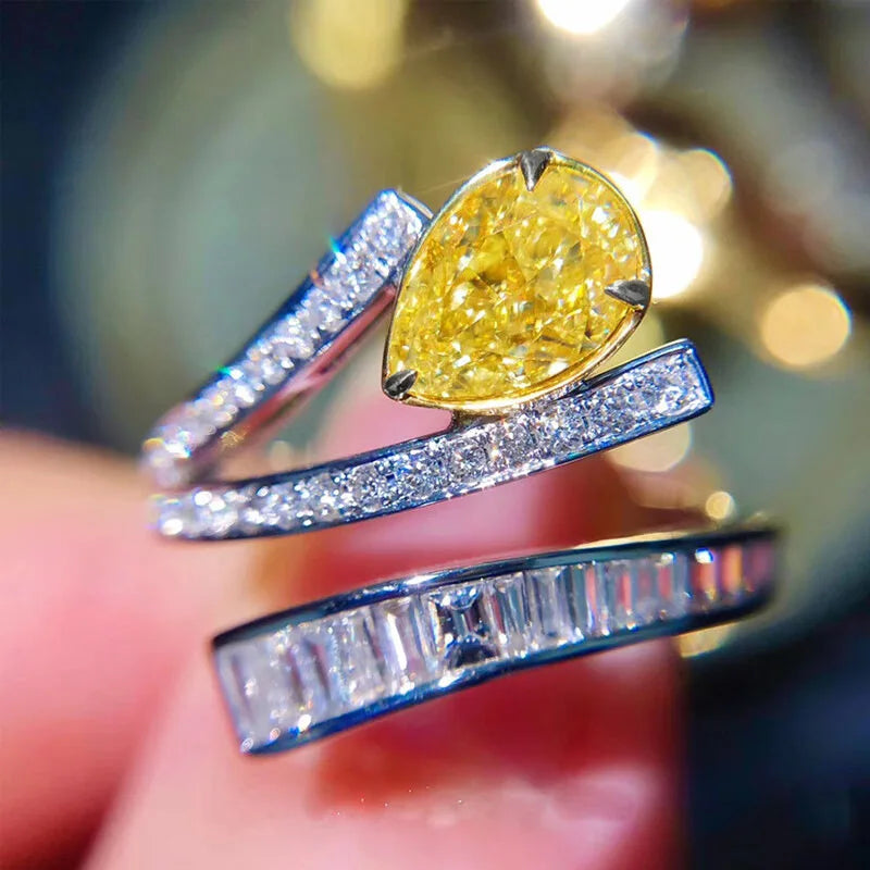 New Elegant Yellow Cubic Zirconia Women Rings Luxury Wedding Anniversary Party Lady's Accessories Bright Fashion Jewelry