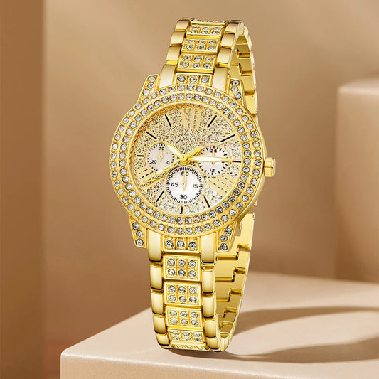 Zenat Quartz Watch Gold Luxury Ring Necklace Earring Set