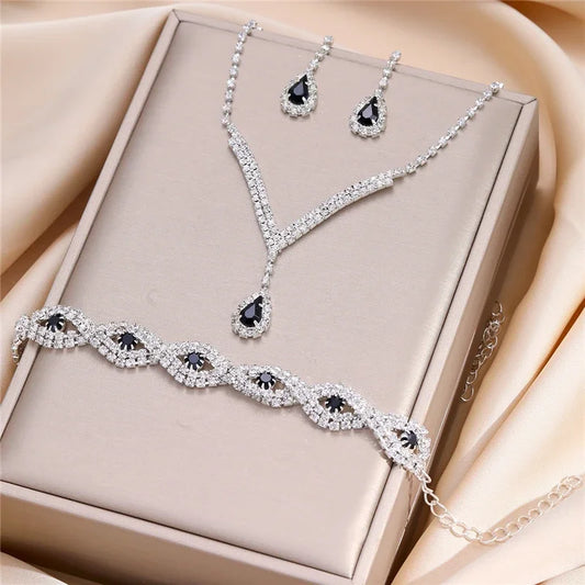 Zenat 3 Pcs Luxury Rhinestone Bride Jewelry Set