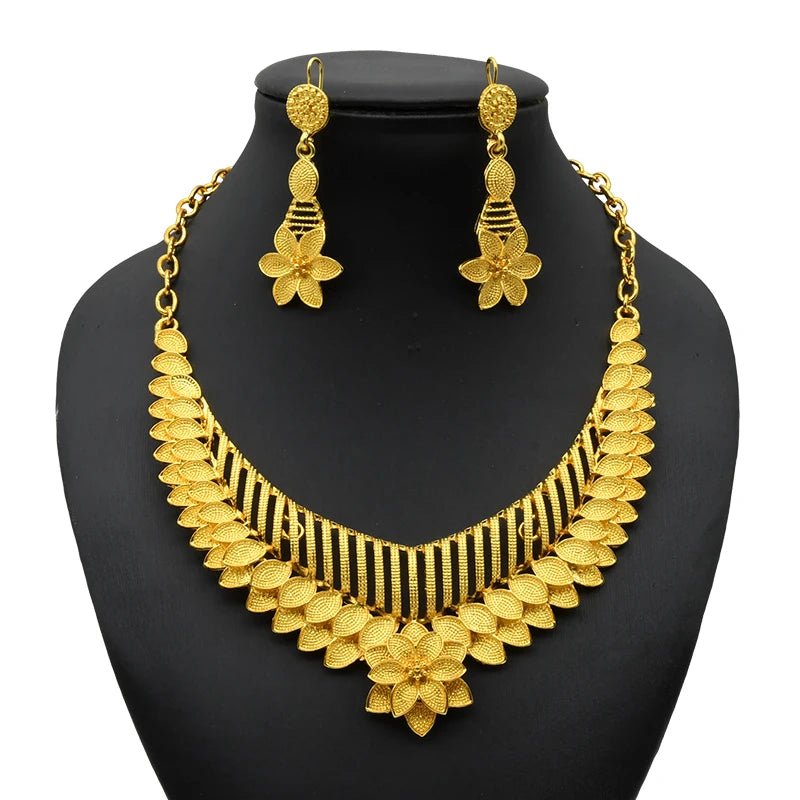 Zenat Dubai style 24K Gold Color Necklace Earring Jewelry Set For Women