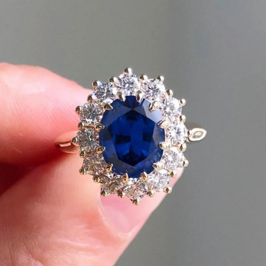 Zenat Gold Silver Round Flower Blue Ring