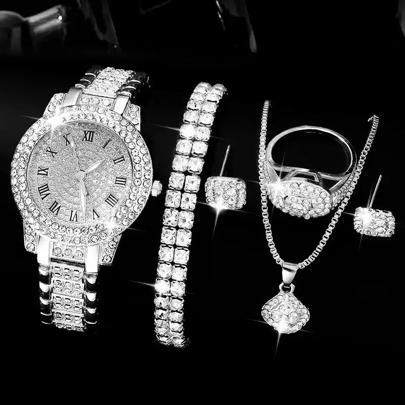 Zenat Golden Watch Ring Necklace Earrings Rhinestone Set