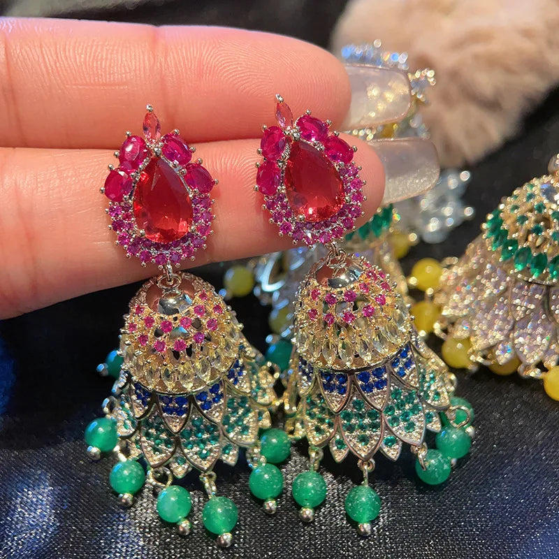Zenat Colorful CZ Tassel Boho Jhumka Earrings