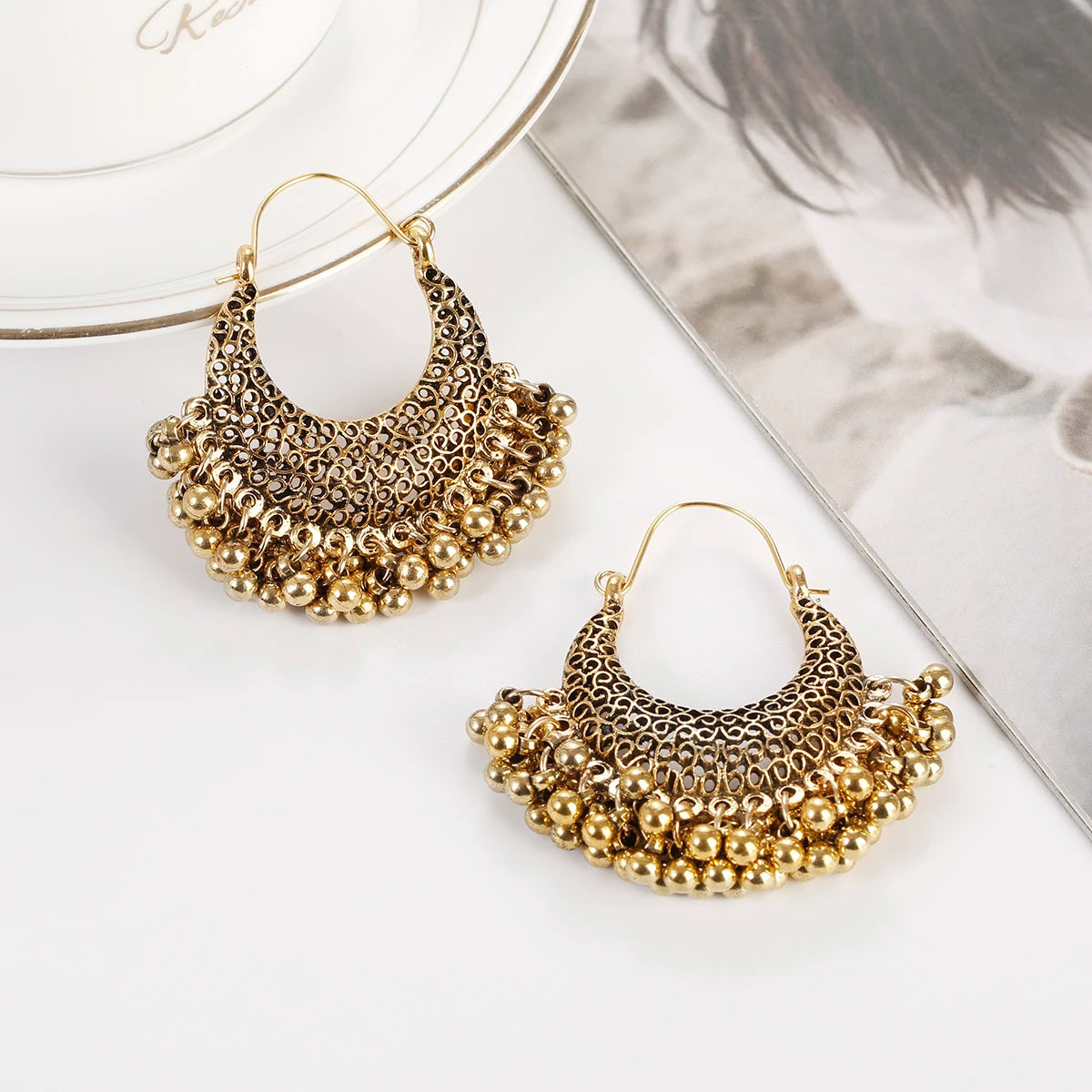 Zenat Retro Boho Silver Tassel Flower Jhumka