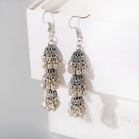 Zenat Ethnic Silver Bell Tassel Jhumka Earrings