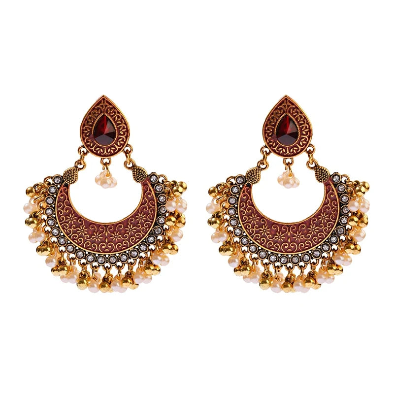 Zenat Retro Green Carved Pearl Tassel Jhumka