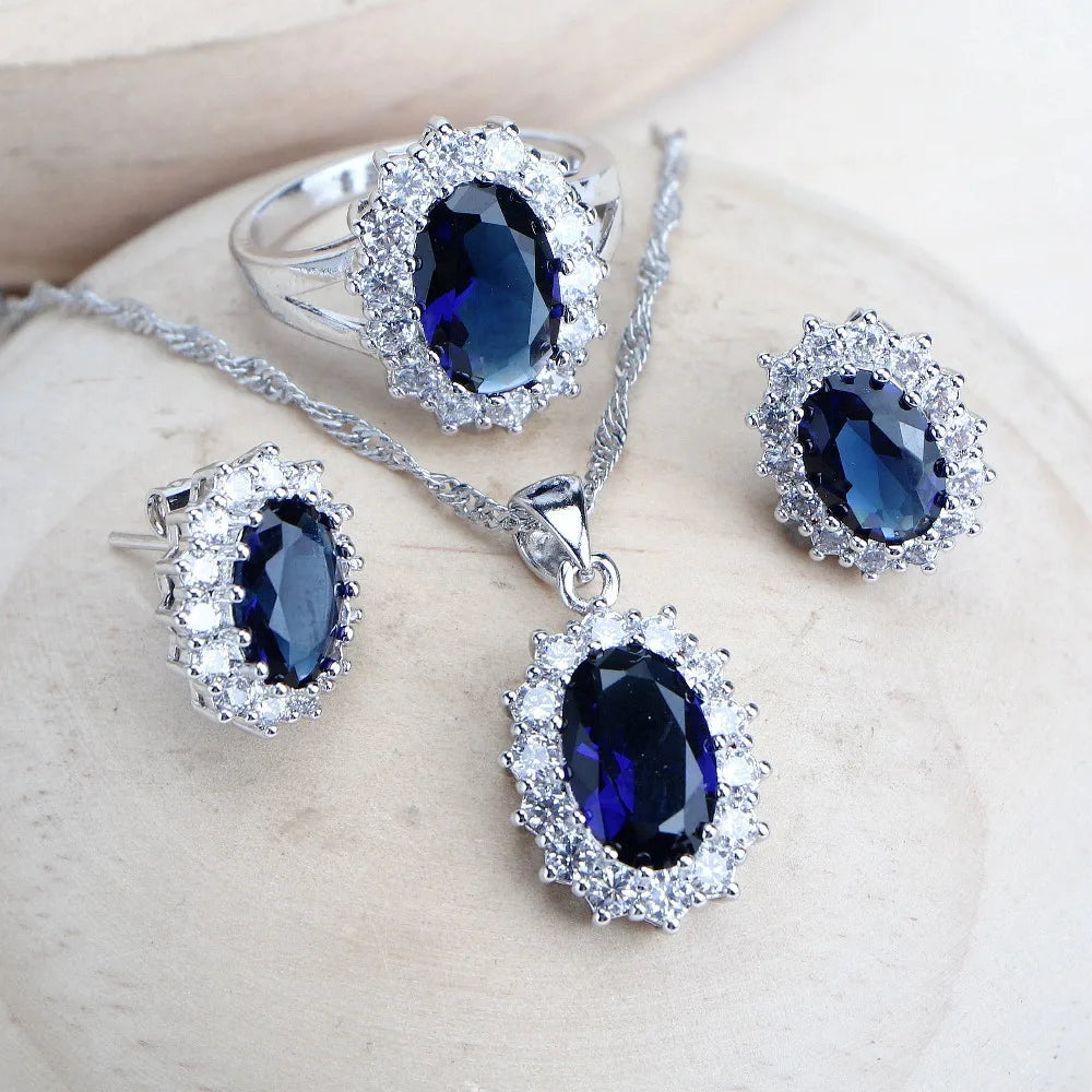 Zenat Blue Zirconia Silver 925 Women Bridal  Necklace Set
