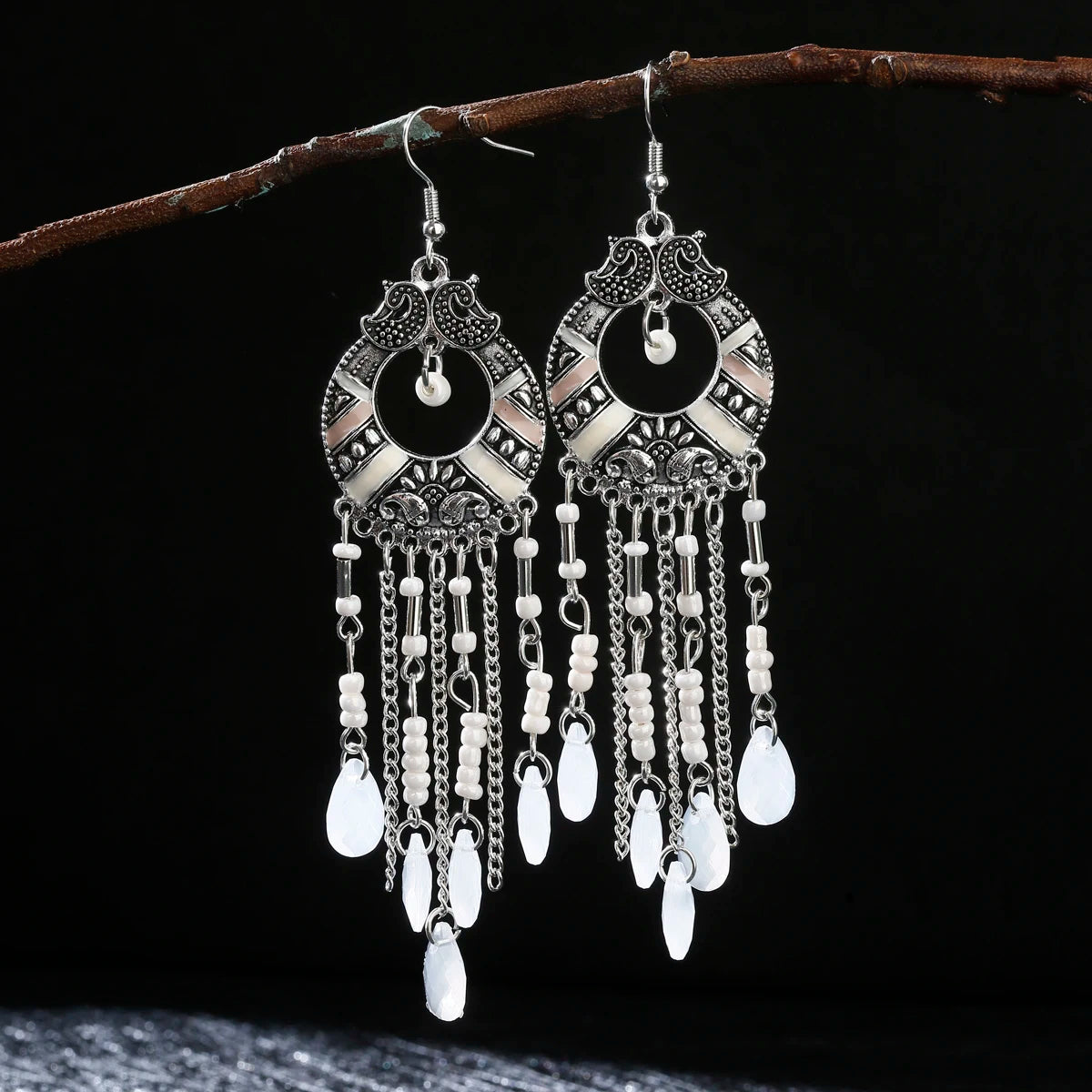 Zenat 2020 Vintage White Bead Tassel Jhumka