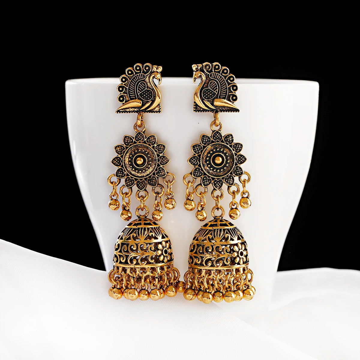 Zenat Retro Peacock Afghan Jhumka Tassel Earrings
