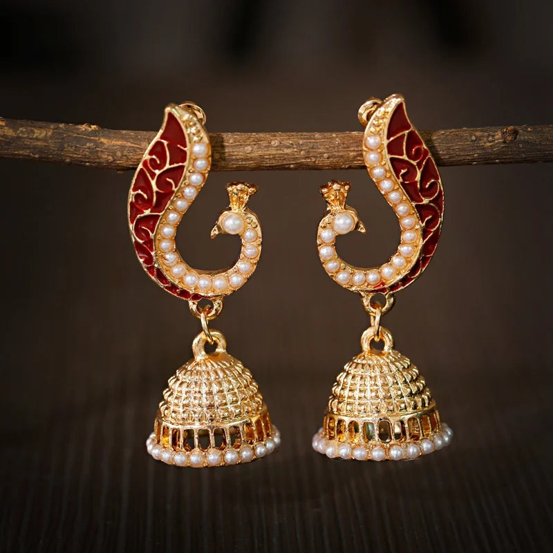 Zenat Ethnic Peacock Pearl Tassel Jhumka Earrings