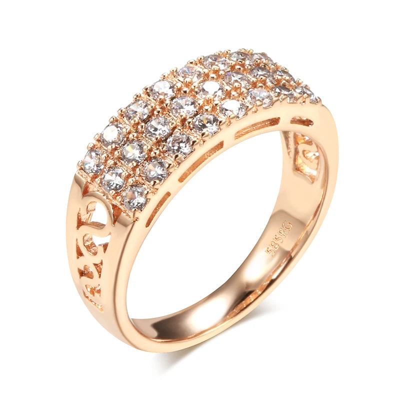 Kinel New 585 Rose Gold Ring Women Three Rows Micro-wax Inlay Natural Zircon Hollow Trendy Rings Fine Wedding Party Jewelry 2021