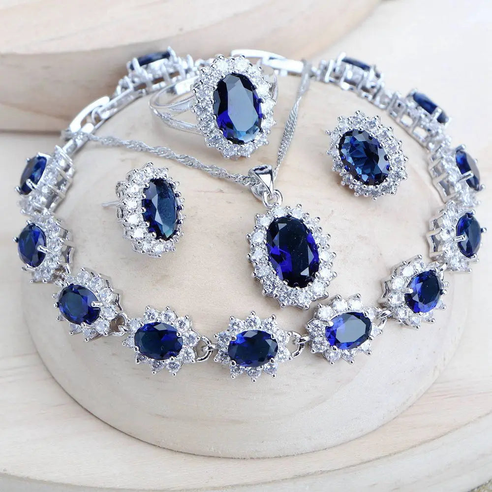 Zenat Blue Zirconia Silver 925 Women Bridal  Necklace Set