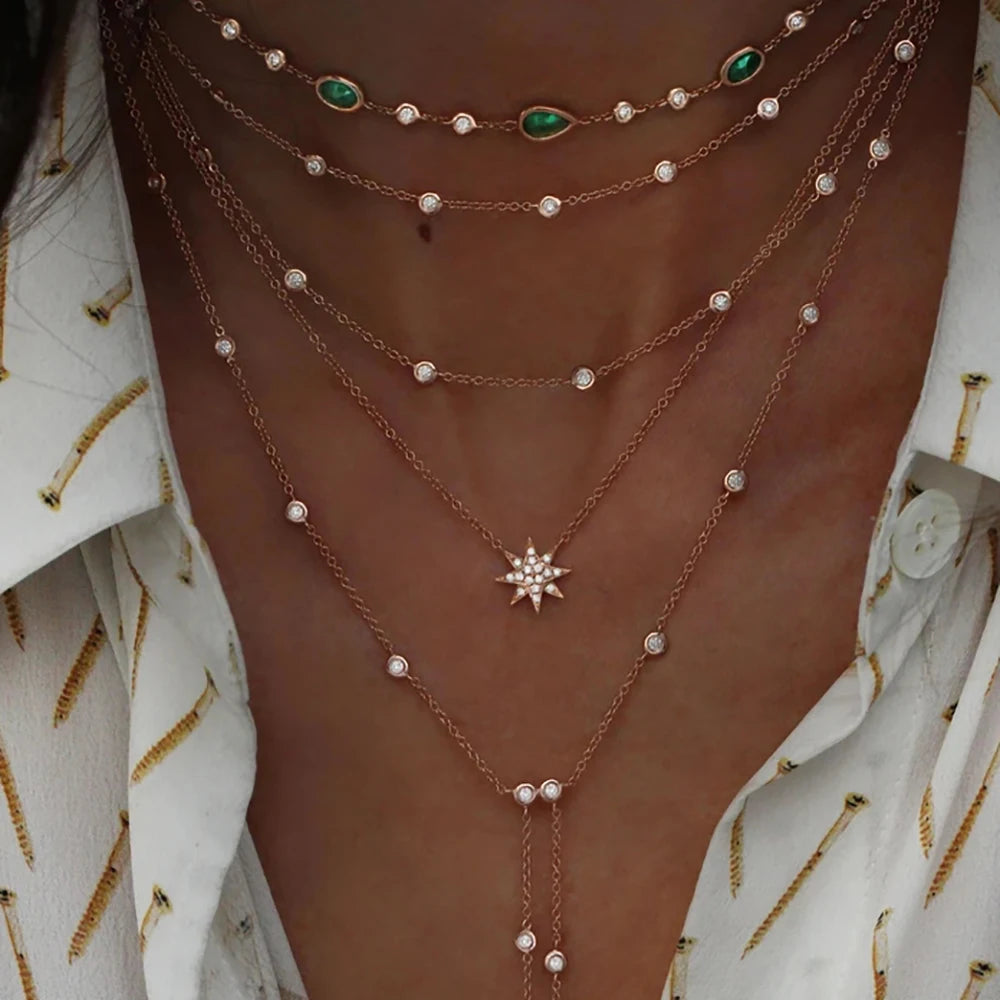 New Vintage Crystal Geometry Star Moon Lock Necklace For Women 2020 Boho Multi-level Pendants Necklaces Chokers Jewelry Gift
