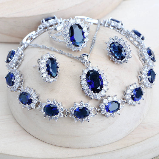 Zenat Blue Zirconia Silver 925 Women Bridal  Necklace Set