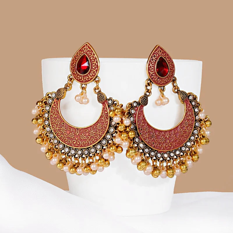 Zenat Retro Green Carved Pearl Tassel Jhumka
