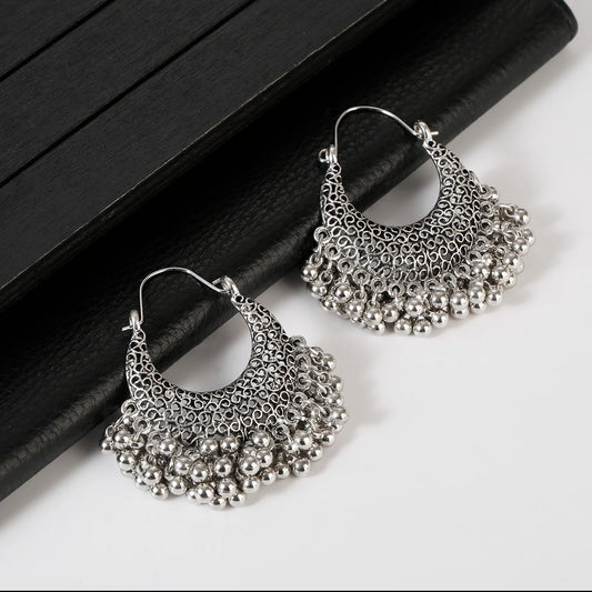 Zenat Retro Boho Silver Tassel Flower Jhumka