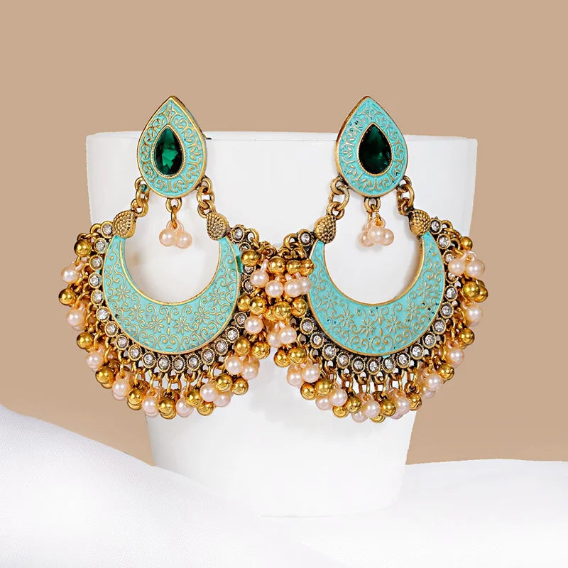 Zenat Retro Green Carved Pearl Tassel Jhumka