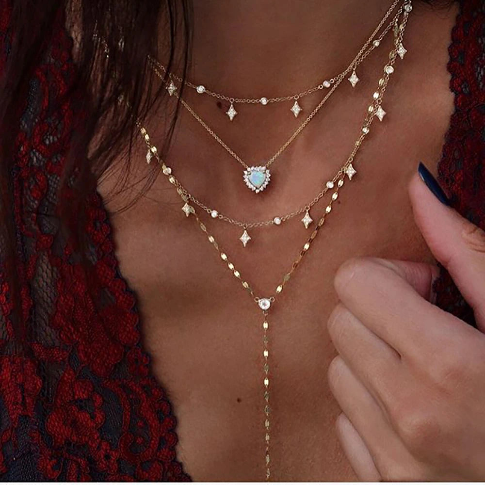 New Vintage Crystal Geometry Star Moon Lock Necklace For Women 2020 Boho Multi-level Pendants Necklaces Chokers Jewelry Gift