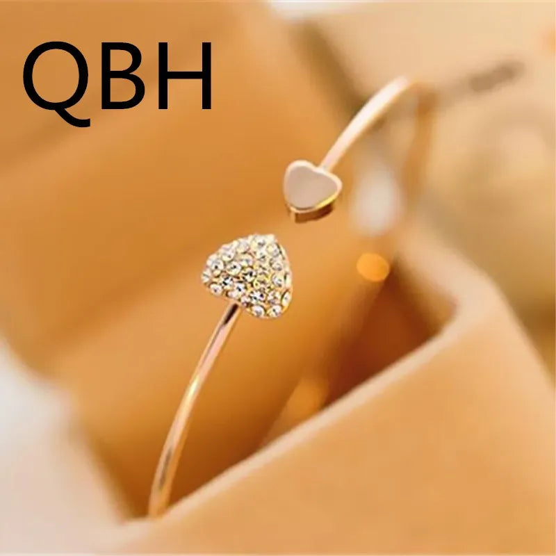 Hot New Fashion Adjustable Crystal Double Heart Bow Bilezik Cuff Opening Bracelet Women Jewelry Gift Girl Mujer Pulseras