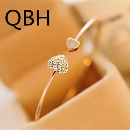Hot New Fashion Adjustable Crystal Double Heart Bow Bilezik Cuff Opening Bracelet Women Jewelry Gift Girl Mujer Pulseras