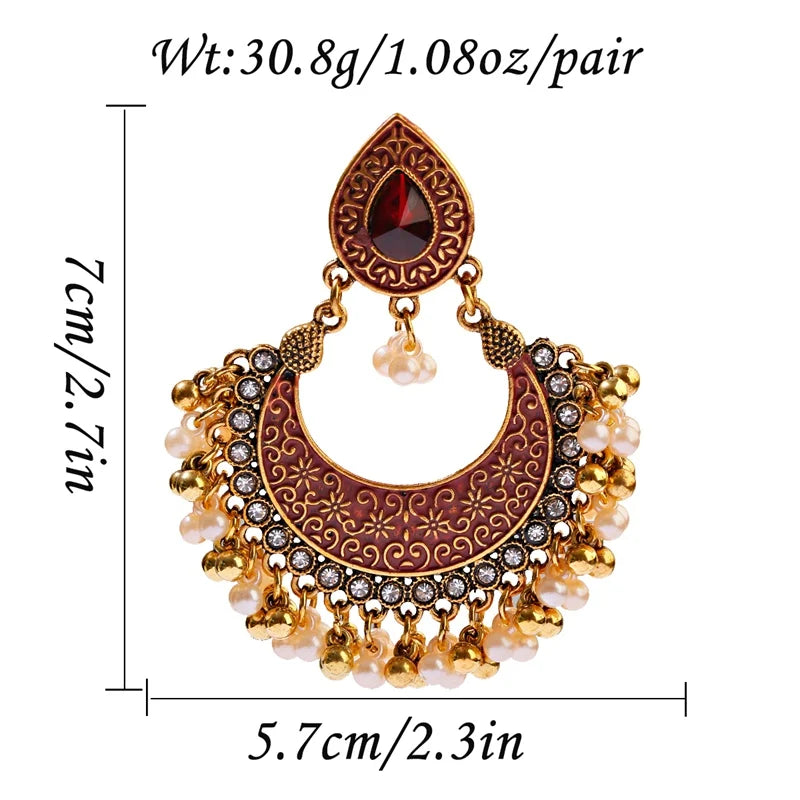 Zenat Retro Green Carved Pearl Tassel Jhumka
