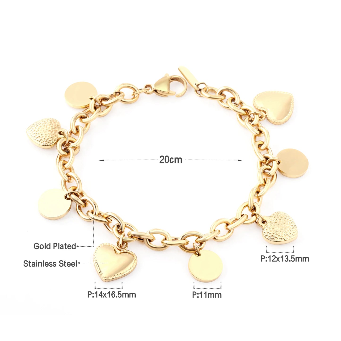 Zenat Stainless Steel Heart Coin Charm Bracelet for Women