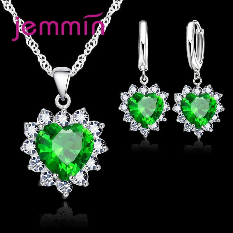 Top Sale Wding Engagement Anniversary Gift Jewelry Sets 925 Silver Color Stamped Heart Pendant Hoop Earrings for Women Girls