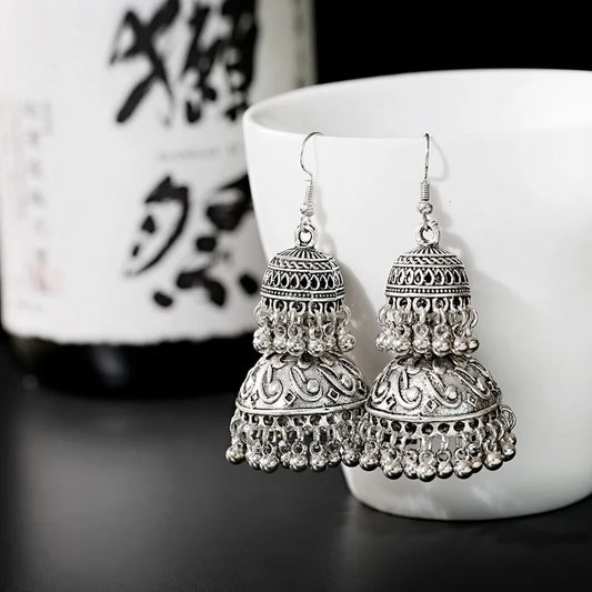 Zenat Tibetan Silver Two-Bell Tassel Jhumka