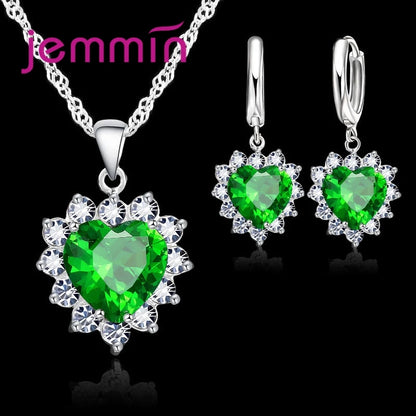 Top Sale Wding Engagement Anniversary Gift Jewelry Sets 925 Silver Color Stamped Heart Pendant Hoop Earrings for Women Girls