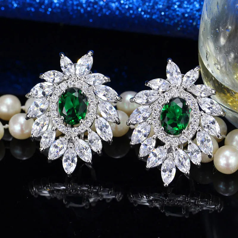Luxury Feather Shape White Gold Plated Cubic Zirconia Bridal Stud Earrings for Women