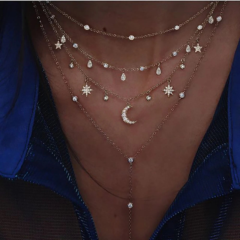 New Vintage Crystal Geometry Star Moon Lock Necklace For Women 2020 Boho Multi-level Pendants Necklaces Chokers Jewelry Gift