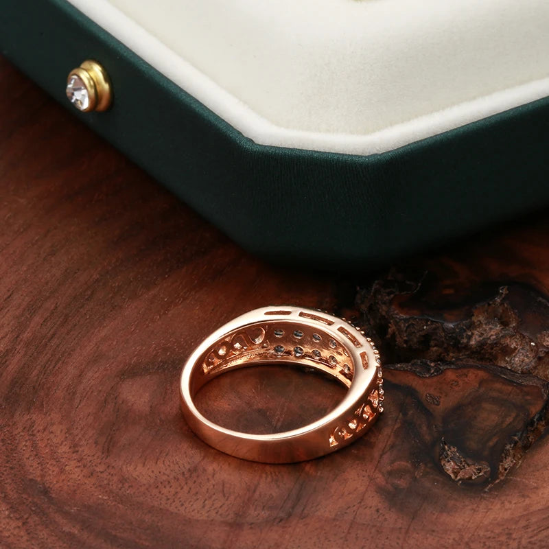 Kinel New 585 Rose Gold Ring Women Three Rows Micro-wax Inlay Natural Zircon Hollow Trendy Rings Fine Wedding Party Jewelry 2021