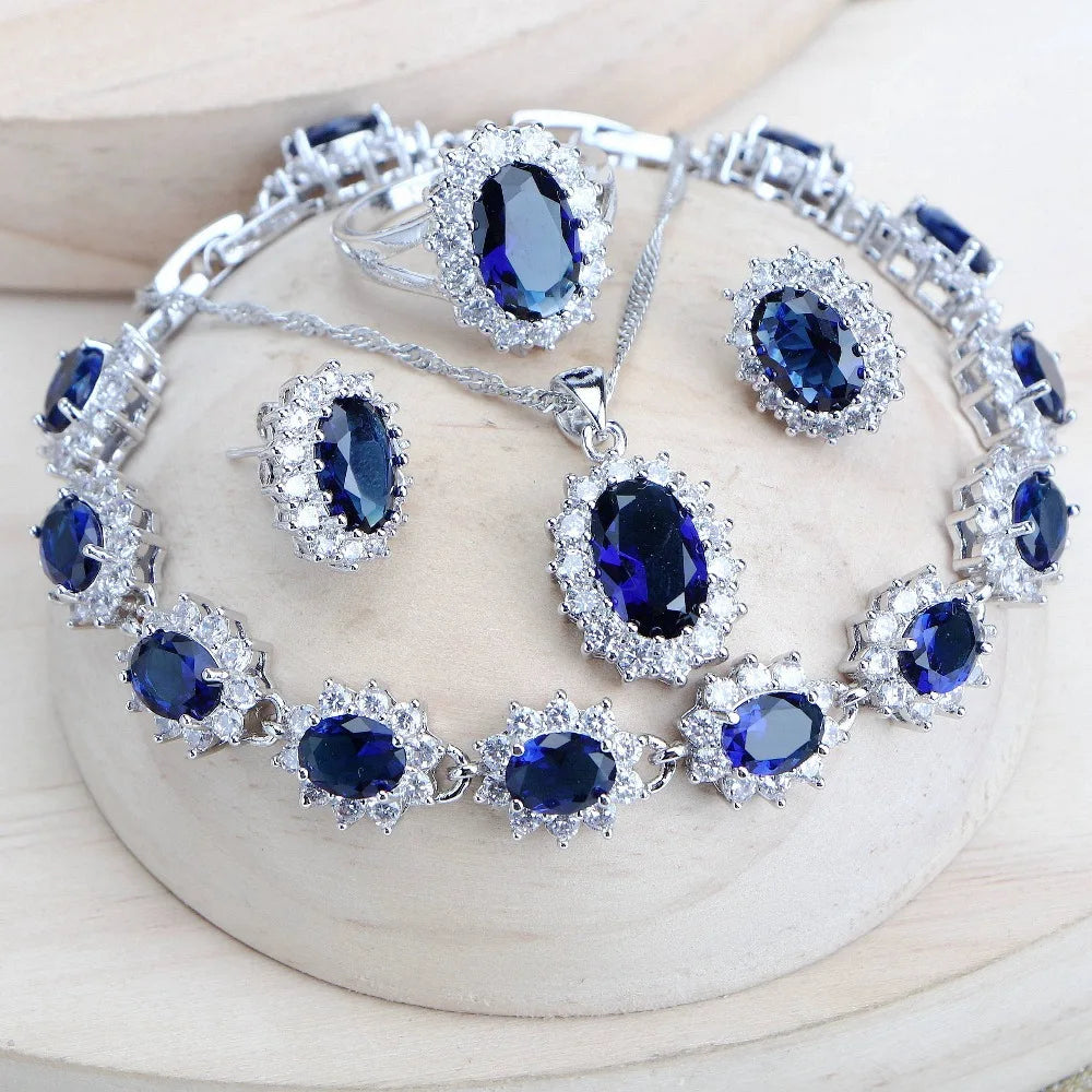 Zenat Blue Zirconia Silver 925 Women Bridal  Necklace Set
