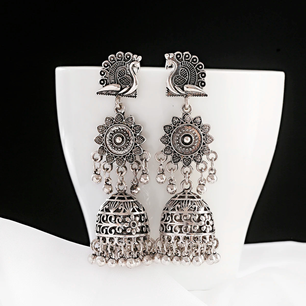 Zenat Retro Peacock Afghan Jhumka Tassel Earrings