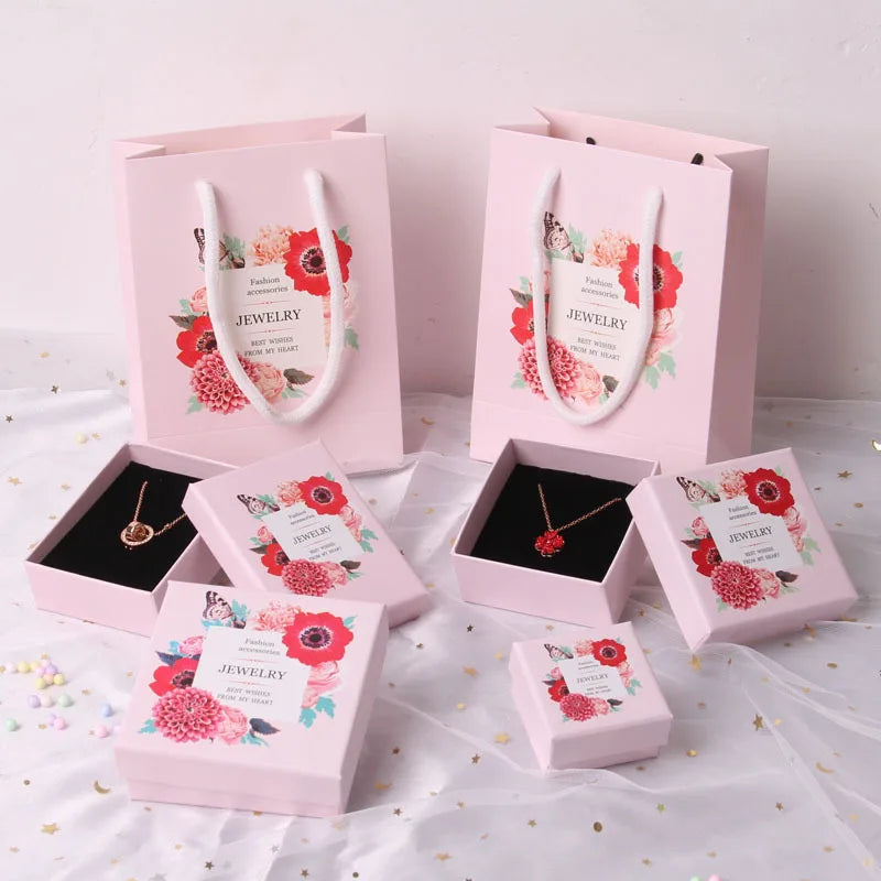Pink Print 5Sizes Gift Box For Bracelets Earring Ring Necklace