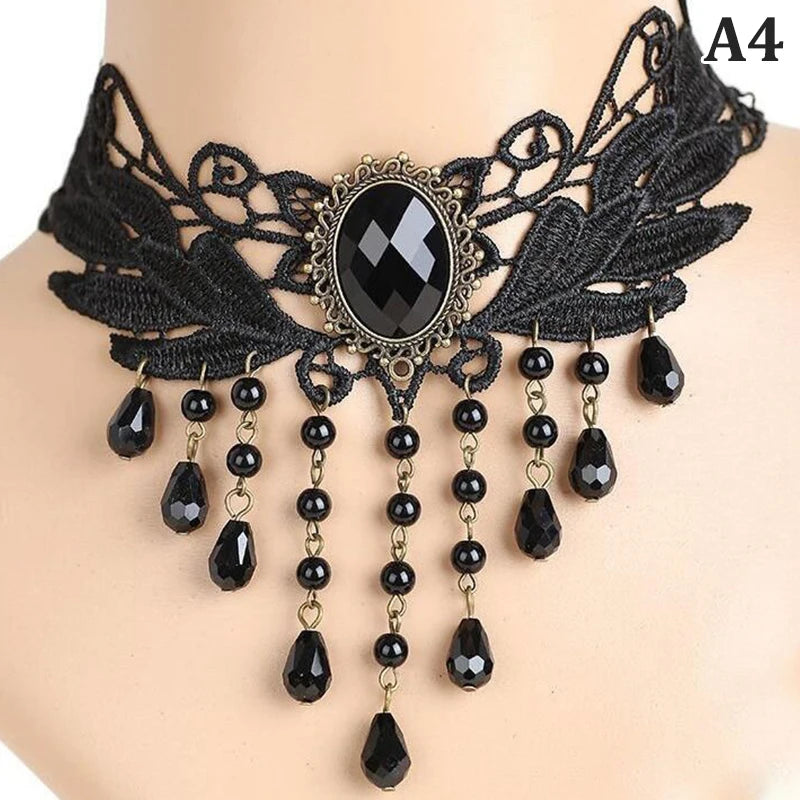 Zenat Gothic Black Lace Crystal Choker Necklace