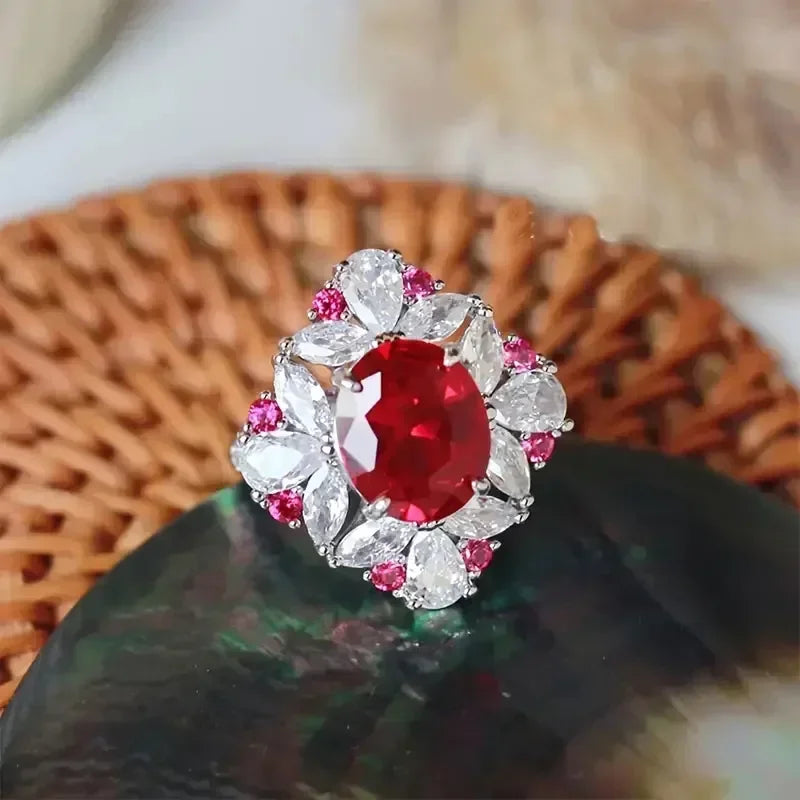 Zenat Elegant Red Corundum Ring with Large Zircon