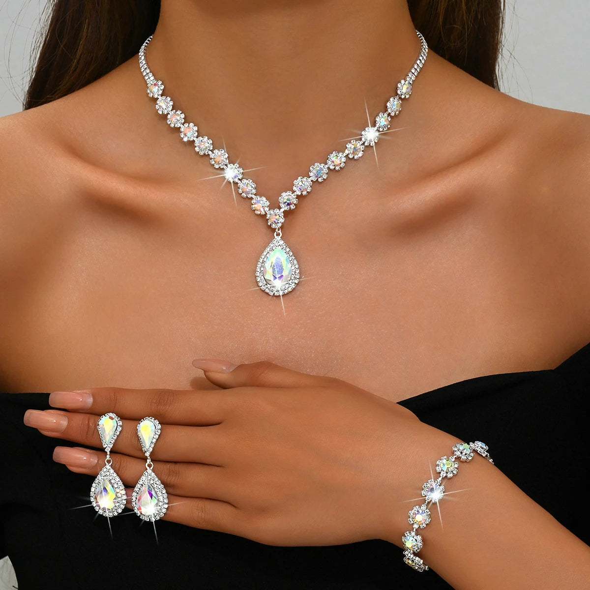 Minimalist Water drops Jewelry Set for Women Crystal Necklace Bracelet Earrings Set Gift Banquet Wedding Anniversary Accessories