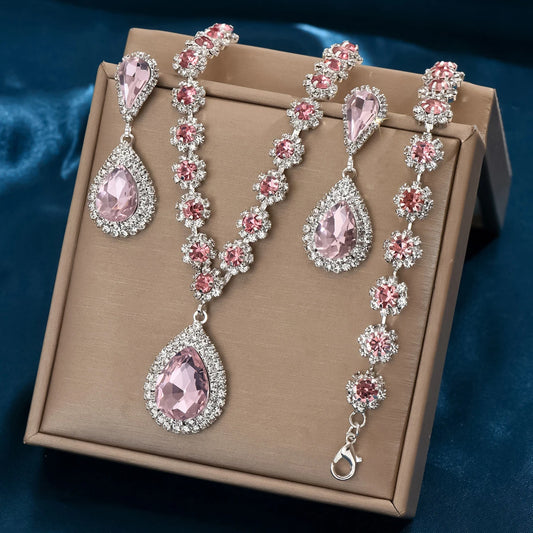 Minimalist Water drops Jewelry Set for Women Crystal Necklace Bracelet Earrings Set Gift Banquet Wedding Anniversary Accessories